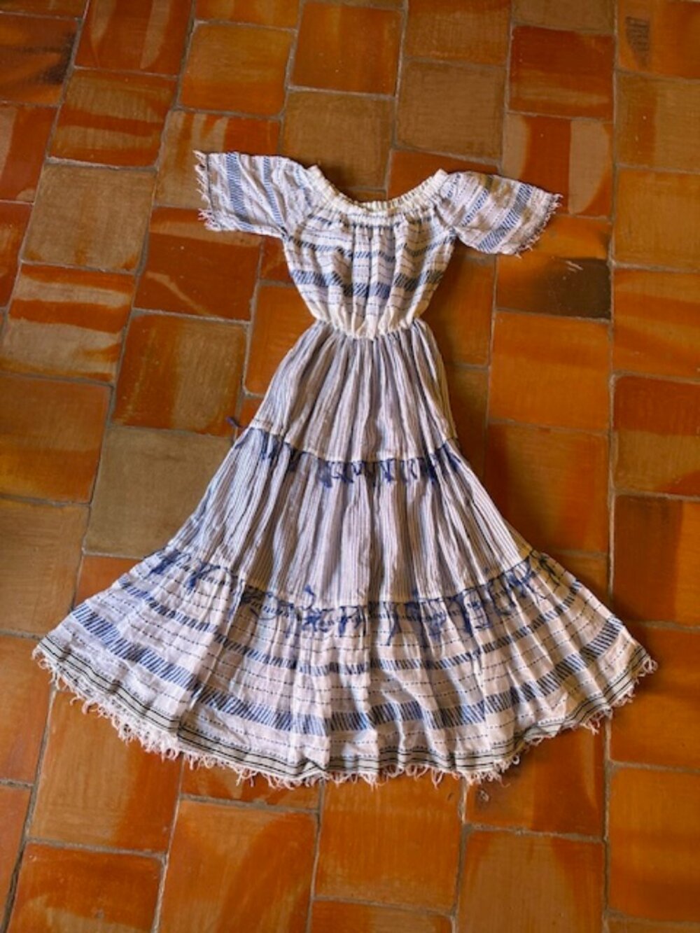 Short Sleeve Elasticized Round Neck Blue & White Stripes Cotton Maxi Dress - S/M